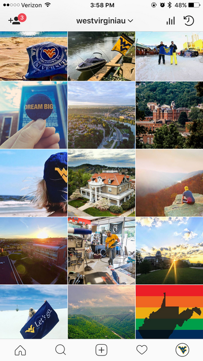 A screenshot of West Virginia University's Instagram feed displaying photos of Morgantown, the WVU campus, and Mountaineers traveling.