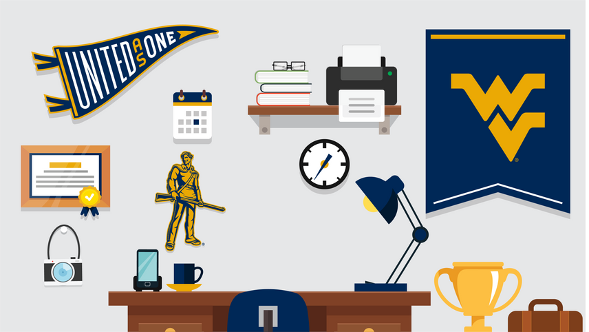 A graphic shows a desk decorated with WVU items and office essentials, like a lamp, coffee, and a printer.