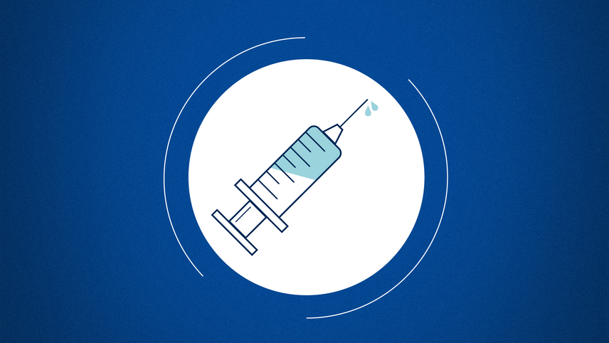 An illustration of a vaccine in a circle against a blue background.
